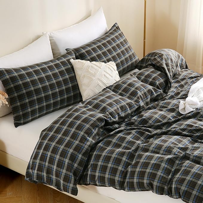 TOCOMOA Buffalo Plaid Duvet Cover Set 100% Washed Cotton Like Linen Feel Super Soft Comfy 2 Piece Brown Blue Gingham Checkered Bedding Comforter Cover Set (Twin 68"x90", Comforter Not Included)