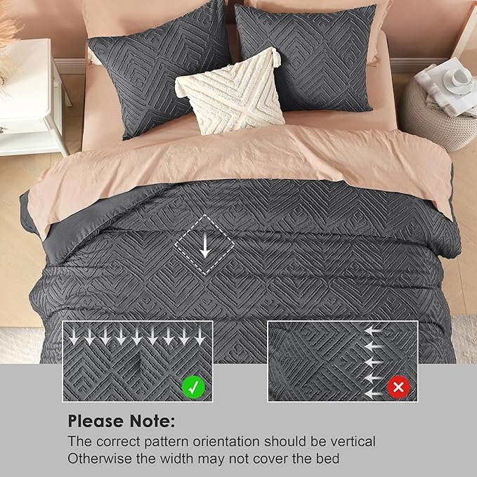 Litanika Dark Grey Queen Comforter Set, 3 Pieces Tufted Boho Farmhouse Bedding Comforter Sets, Lightweight Fluffy Comforter Bed Set for All Season (90x90In Comforter and 2 Pillowcases)