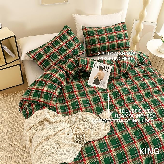 ECOCOTT Buffalo Plaid Duvet Cover King Size– 3 Piece Green Checkered Bedding Set, 100% Washed Cotton, Soft Breathable Reversible Design with Zipper Closure & Corner Ties