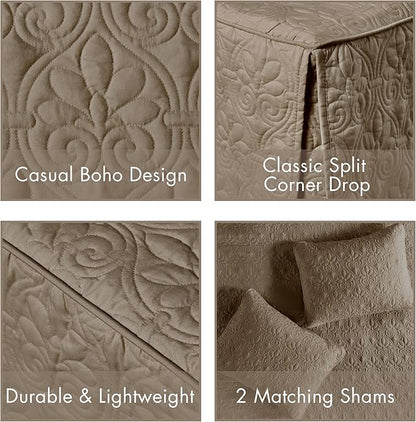 Madison Park Quebec Split Corner Quilted Bedspread Classic Traditional Design All Season, Lightweight, Bedding Set, Matching Shams, King, Damask Quilted Khaki 3 Piece