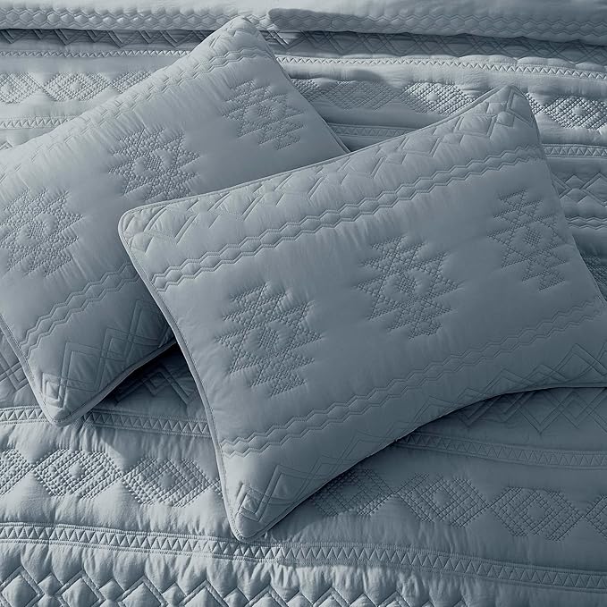 WDCOZY Boho Blue Grey Quilt King Size Bedding Sets with 2 Pillow Shams, Farmhouse Lightweight Soft Bedspread Coverlet for All Season, 3 Pieces, 104x90 inches