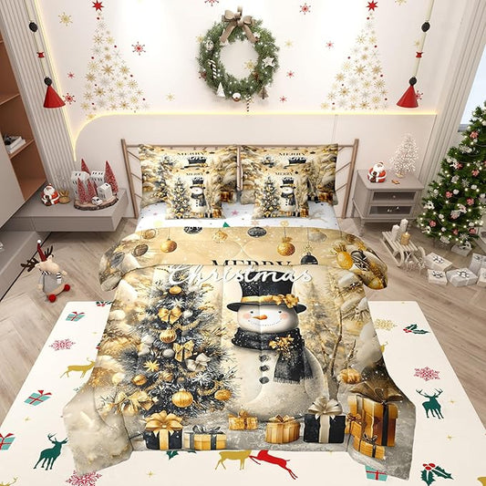 Castle Fairy Gold Christmas Tree 7 Pieces Comforter Sets King,Luxury New Year Gifts Bedding Set for Kids Girls,Winter Cartoon Snowman Snowflake Bed in a Bag with Comforter,Sheets and Pillow Cases