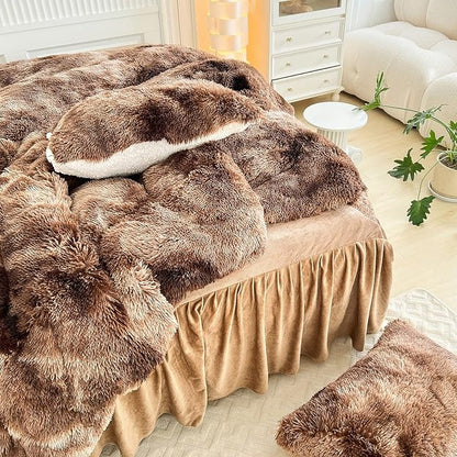 Luxury Faux Fur Shaggy Comforter Set Full/Queen Size, Plush & Sherpa Reversible Comforter Tie Dye Coffee, 3 Pieces Fluffy Fuzzy Bedding Set Ultra Soft and Warm for Winter (1 Comforter + 2 Pillowcases)