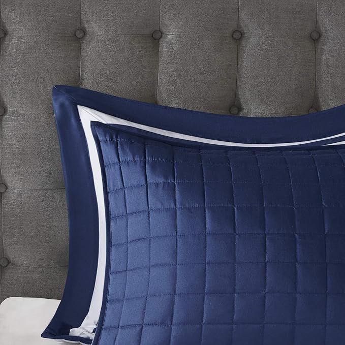 Madison Park Heritage Comforter Quilt Combo Set - Modern Luxury Design, All Season Down Alternative Bedding, Matching Shams, Decorative Pillows, Full/Queen(90"x90"), Color Block Navy 8 Piece