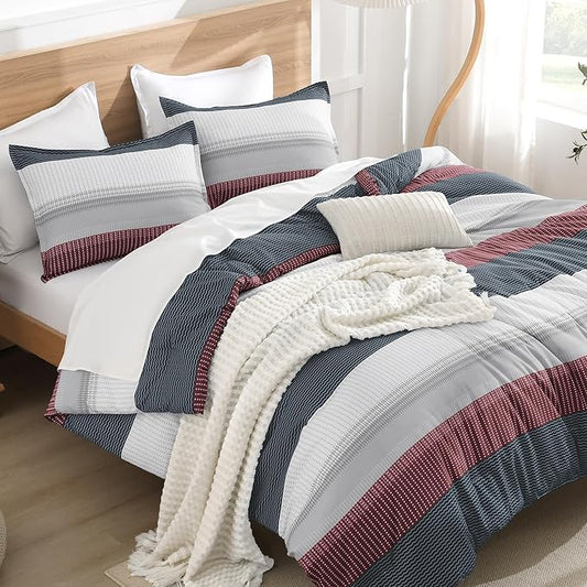 Litanika Comforter Set Queen Size Red Blue - 3 Pieces Lightweight Colorblock Stripe Fluffy Bedding Comforter Sets, All Season Bed Set