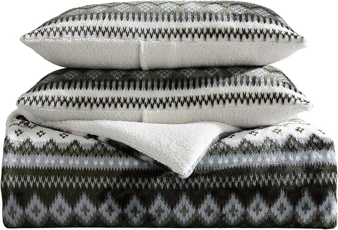 Eddie Bauer - Twin Comforter Set, Reversible Plush Bedding with Matching Sham, Dorm Essentials, Oeko-Tex Certified (Shelton Fair Isle Green)