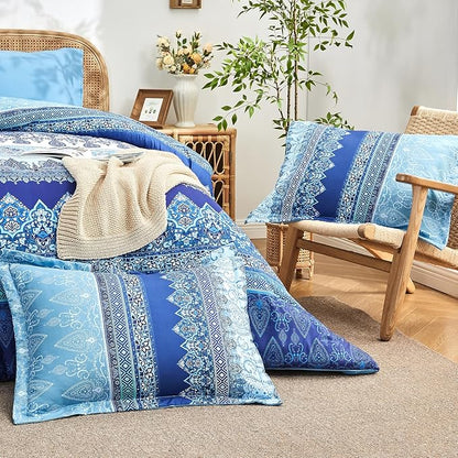 Boho King Size Comforter Set Blue - 7 Pieces Floral Striped Comforter Set with Sheets, Soft Microfiber Bohemian Complete Bedding Sets for All Season (Blue,King)