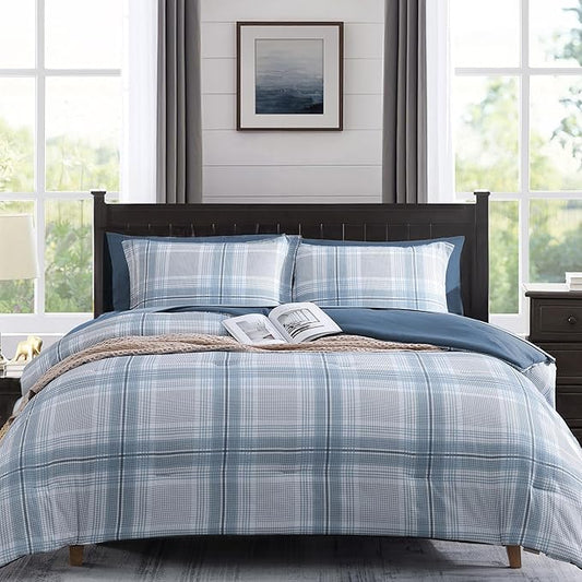 MaiRêve Plaid Twin XL Comforter Set, Light Blue Grid Bedding Set for Boys & Girls, Classic Checkered Bed in A Bag Comforter Sets with Fitted & Flat Sheet, Pillowcase & Sham(Light Blue, 66"x90")
