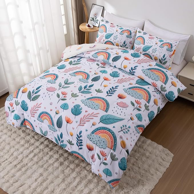 Btargot Lightweight Soft 3 Piece Rainbow Comforter Set with 2 Pillow Covers, Cartoon Leaves Flowers Bedding Set for Girls Boys Kids, Twin Green
