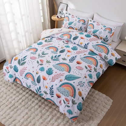 Btargot Lightweight Soft 3 Piece Rainbow Comforter Set with 2 Pillow Covers, Cartoon Leaves Flowers Bedding Set for Girls Boys Kids, Twin Green