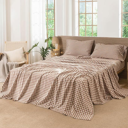 MooMee Gingham Sheet Set 100% Washed Cotton Linen Like Textured Breathable Soft w/ Fully Elasticized 16-19" Deep Pocket (Classic Gingham Dark Orange, Queen)