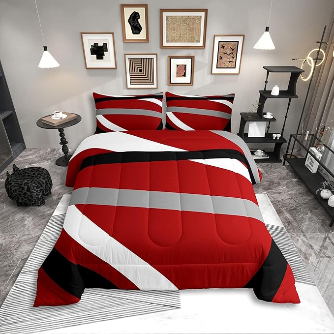 Erosebridal Red Gray Black Striped King Bedding Set Modern Abstract Comforter Set for Adult Women Men Geometric Lines Bed Collections Aesthetic Boho Duvet Quilt Sets