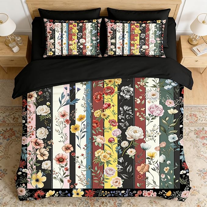 Vintage Black Floral Comforter Set Full for Girls, 3Pcs Stripe Patchwork Bedding Set for Women, Farmhouse Country Botanical Floral Quilted Comforter with 2 Pillowcases, 79"x90"