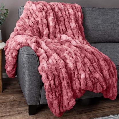 Lavish Home Oversized Ruched Faux Fur Blanket - 60x80-Inch Plush Polyester Faux Fur Queen-Size Throw for Sofas and Beds - Luxurious Bedding (Pink)
