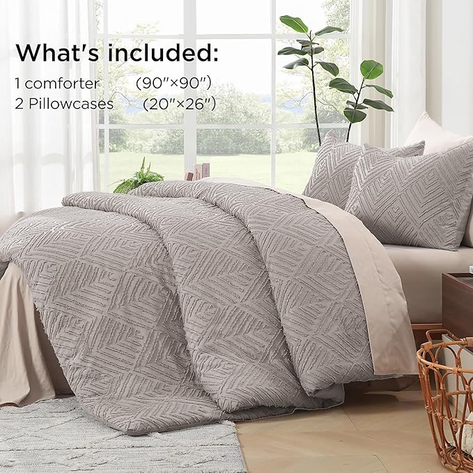 Litanika Queen Comforter Set Rose Grey, 3 Pieces Cream Tufted Boho Farmhouse Bedding Comforter Sets, Lightweight Fluffy Comforter Bed Set for All Season (90x90In Comforter and 2 Pillowcases)
