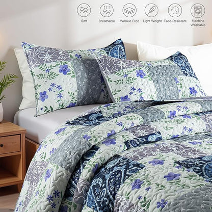 Whale Flotilla Patchwork Quilt Twin Size, Soft Boho Floral Bedspreads for Bed Reversible Lightweight Twin Quilt Bedding Set Coverlets with 1 Pillow Sham for All Seasons, Paisley Flowers