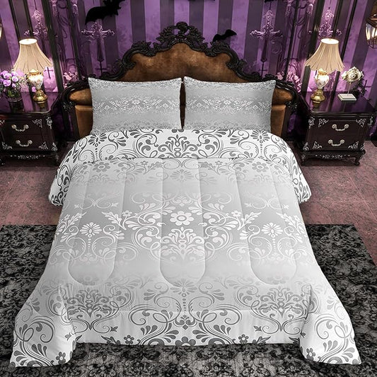 Feelyou Adults Silver Vintage Damask Floral Comforter Set Oriental Antique Comforter Twin Size Gothic Bohemia Boho Flower Bedding Set Bohemian Exotic Duvet Set Quilt Set 2Pcs