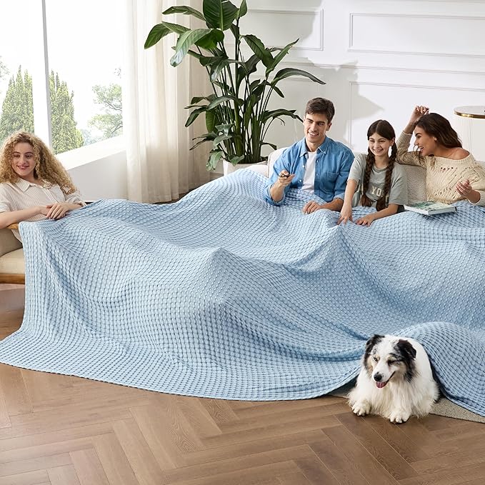 Bedsure Cooling Cotton Waffle Oversized King Blanket - Lightweight Breathable Rayon Derived from Bamboo for Hot Sleepers, Luxury Throws for Bed and Sofa, Light Blue, 120x96 Inches