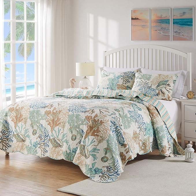 Barefoot Bungalow Atlantis Coastal Quilt Set, 3-Piece King/Cal King, Jade