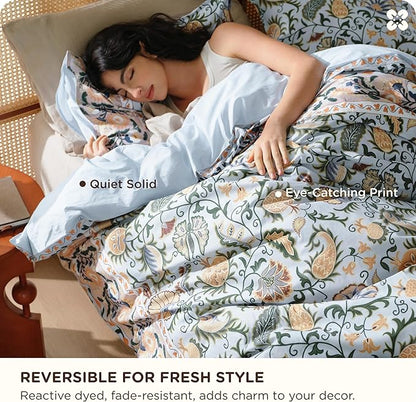 Bedsure Duvet Cover Queen Size - 100% Cotton Reversible Classic Frame Bordered Duvet Cover Set, 3 Pieces Soft & Breathable PureWoven Bedding Set with 2 Pillow Shams (Vintage Blue Boho 90"x90")