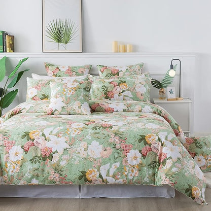FADFAY Girls Floral Duvet Cover Set Twin 100% Cotton Bedding 600 TC Mint Green and White Flower Elegant Garden Lily Printed Comforter Cover Zipper Corner Ties Soft Bed Cover 3 Pcs