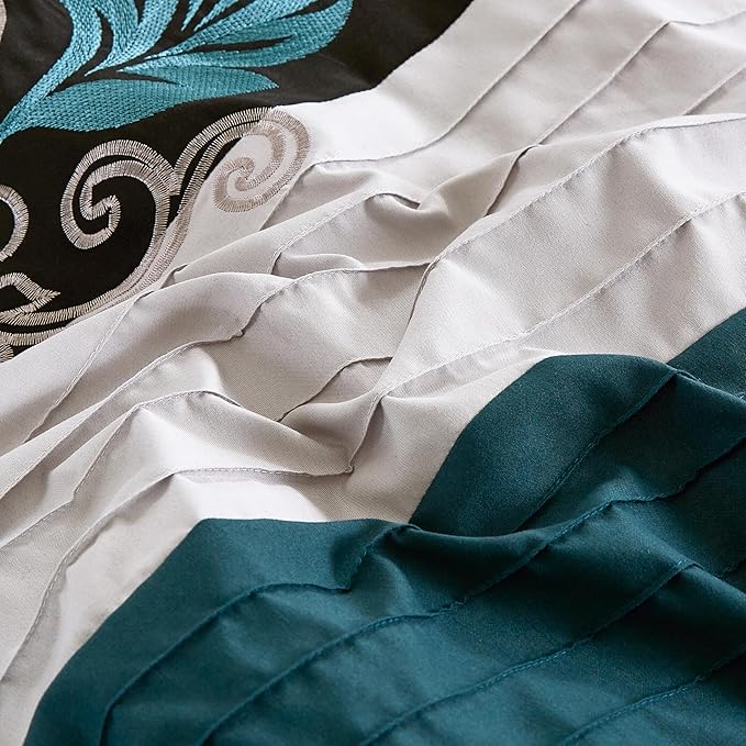 Chezmoi Collection Napa 7-Piece Luxury Leaves Scroll Embroidery Bedding Comforter Set (California King, Teal/Black/Gray)