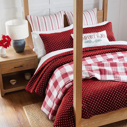 Levtex Home - Cross Stitch Velvet Red Quilt Set - Twin Quilt + One Standard Pillow Sham - Cross Stitched Pattern - Quilt Size (68x86in.) and Pillow Sham Size (26x20in.) - Reversible