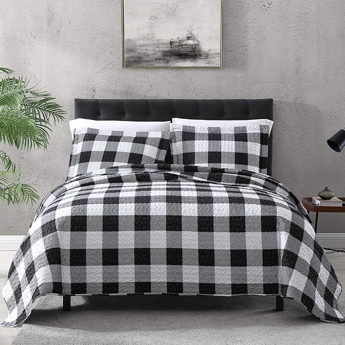 EXQ Home Quilt Set King Size 3 Piece,Lightweight Microfiber Coverlet Modern Style Black and White Squares Pattern Bedspread Set(1 Quilt,2 Pillow Shams)