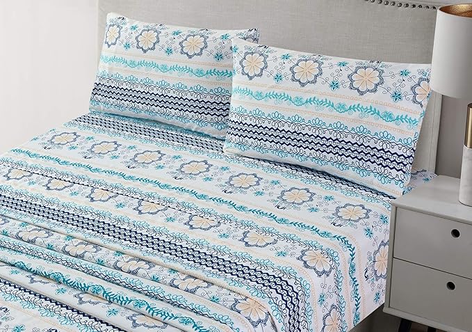 JSD Blue Boho Printed Sheet Set Queen Size, 4 Piece Soft Floral Microfiber Sheets Extra Deep Pocket