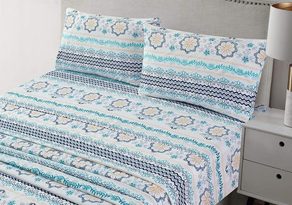 JSD Blue Boho Printed Sheet Set Queen Size, 4 Piece Soft Floral Microfiber Sheets Extra Deep Pocket