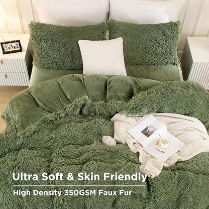 Andency Faux Fur Sage Green Comforter Set Queen Size, 3 Pieces Fluffy Fuzzy Plush Bedding Comforter Set (1 Shaggy Velvet Comforter & 2 Pillowcases), Soft Puffy Comfy Down Comforter Bedding Set