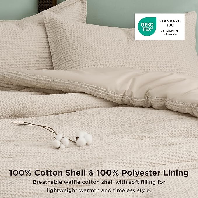Bedsure Waffle Comforter Set King, Beige Soft Bedding, Waffle Weave Bed Set, 3 Pieces, 1 Comforter (104"x90") and 2 Pillow Shams, Cotton Shell and Polyester Lining for All Seasons