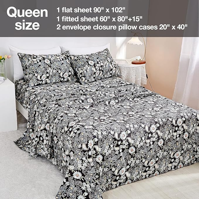JSD Black Paisley Floral Printed Sheet Set Queen Size, 4 Piece Soft Pattern Microfiber Sheets Extra Deep Pocket