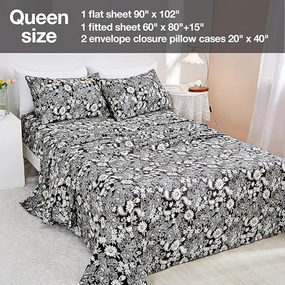 JSD Black Paisley Floral Printed Sheet Set Queen Size, 4 Piece Soft Pattern Microfiber Sheets Extra Deep Pocket
