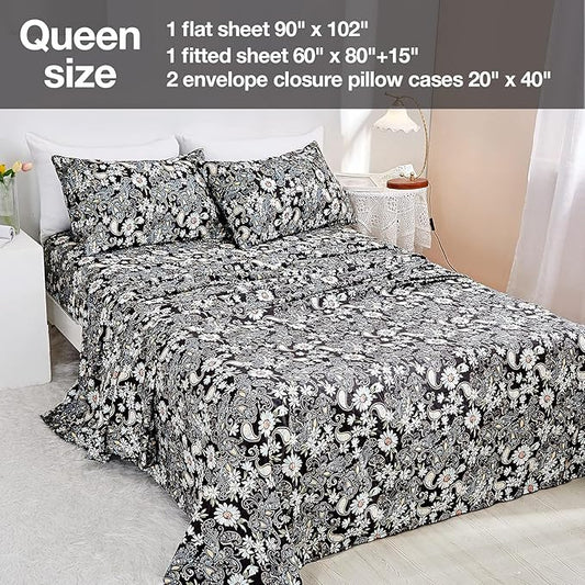 JSD Black Paisley Floral Printed Sheet Set Queen Size, 4 Piece Soft Pattern Microfiber Sheets Extra Deep Pocket