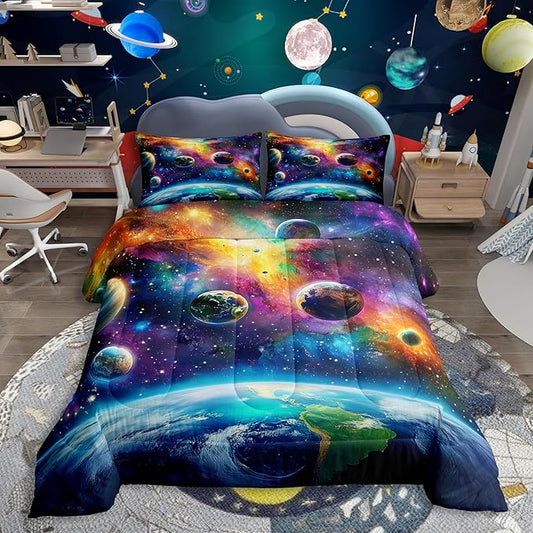 Feelyou Universe Galaxy Comforter Set Full Size Kids Planets Earth Bedding Set Boy Girl Teen Solar System Comforter Breathable Outer Space Duvet Set Nebula Quilt Set