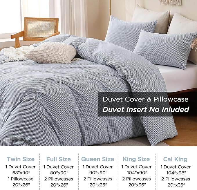 TOCOMOA Mini Gingham Blue Duvet Cover Bedding Set 100% Washed Cotton Like Linen Feel Super Soft Comfortable 3 Piece Small Plaid Checkered Comforter Cover Set (Queen 90"x90", Comforter Not Included)