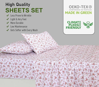 RUVANTI 100% Cotton Sheets – California King Percale Bedding, Cooling & Breathable Floral Design, Durable with a Crisp, Soft & Comfortable Feel, 14" Deep Pocket, 4-Piece Set, Bouquet