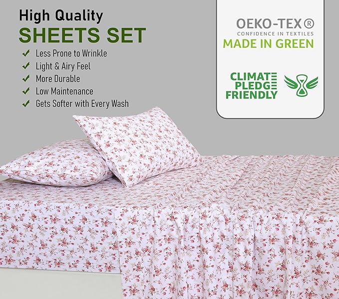 RUVANTI 100% Cotton Sheets – Full Size Percale Bedding, Cooling & Breathable Floral Design, Durable with a Crisp, Soft & Comfortable Feel, 16" Deep Pocket, 4-Piece Set, Bouquet