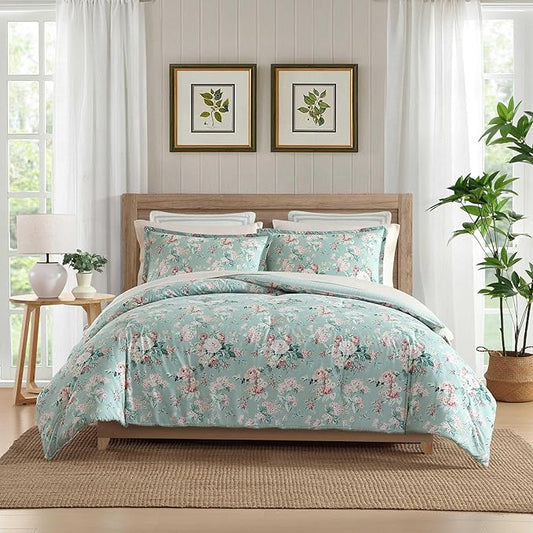 Laura Ashley - Comforter Set, Luxurious Bedding with Matching Shams, Soft & Serene Room Essentials (Rosemoore Teal, Full/Queen)