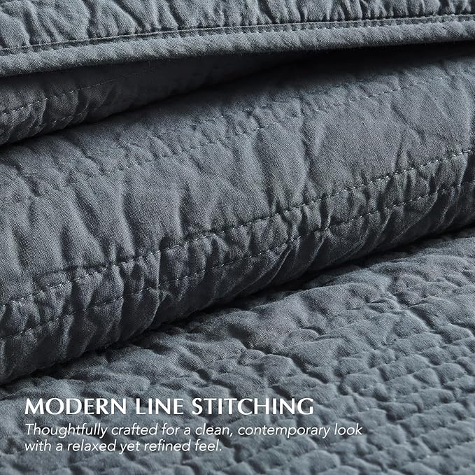 EVERGRACEHOME 100% Cotton Modern Lines Quilt Set King Size, Pre-Washed Soft Striped Coverlet Bedspread, 3 Piece Lightweight Bedding Set for All Season, with 2 Pillow Shams, Midnight Blue