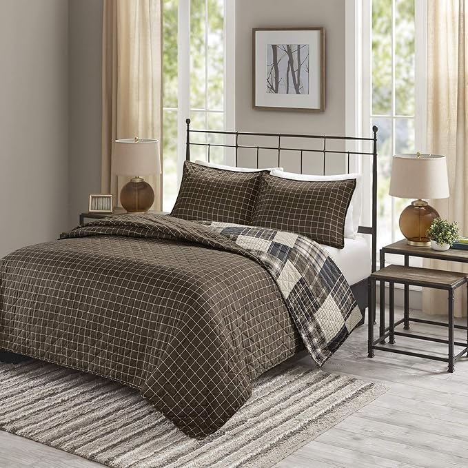 Madison Park Reversible Quilt Cabin Lifestyle Plaid Design - All Season, Breathable Coverlet Bedspread Bedding Set, Matching Shams, Timber Black/Brown King/Cal King(104"x94") 3 Piece