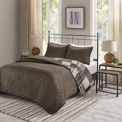 Madison Park Reversible Quilt Cabin Lifestyle Plaid Design - All Season, Breathable Coverlet Bedspread Bedding Set, Matching Shams, Timber Black/Brown King/Cal King(104"x94") 3 Piece