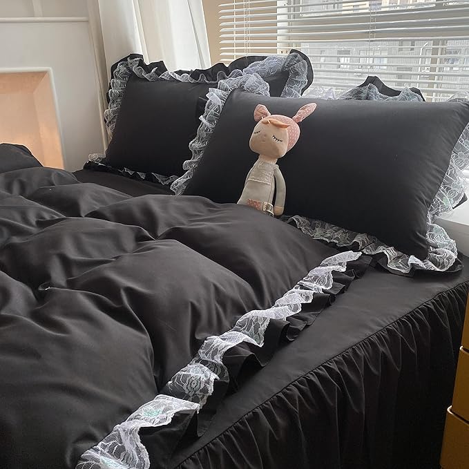 MOOWOO Chic Ruffle Lace Polyester Duvet Cover Set -Girl Black Bedding-3 Piece Queen Duvet Cover with Zipper Closure -Ultra Soft and Light Weight(Black, Queen)-NO Including Comforter