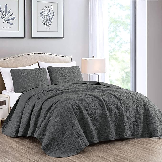 Chezmoi Collection Austin 3-piece Oversized Bedspread Coverlet Set (King, Charcoal) | Oversized, Lightweight, Fade Resistant