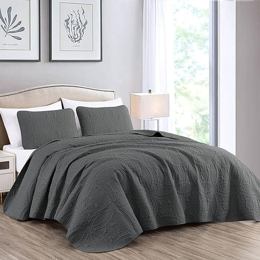 Chezmoi Collection Austin 3-piece Oversized Bedspread Coverlet Set (King, Charcoal) | Oversized, Lightweight, Fade Resistant