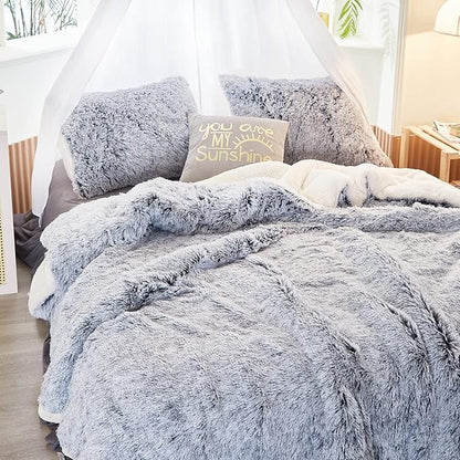 Luxury Faux Fur Shaggy Comforter Set Full/Queen Size, Plush & Sherpa Reversible Comforter Grey with White, 3-Piece Fluffy Fuzzy Bedding Set Ultra Soft and Warm for Winter (1 Comforter + 2 Pillowcases)