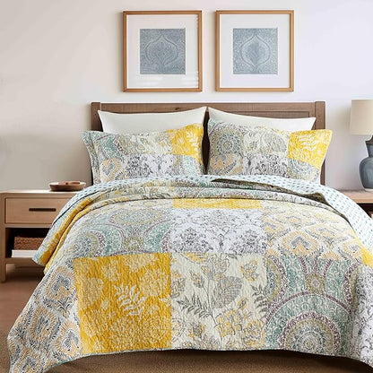 DURLENGEN Botanical Yellow 100% Cotton King Quilt 3Pcs,Bohemian Patchwork Leaves Pattern on White, Luxury Lightweight Coverlet Sets for All Season(King 106x96,Botanical Yellow)