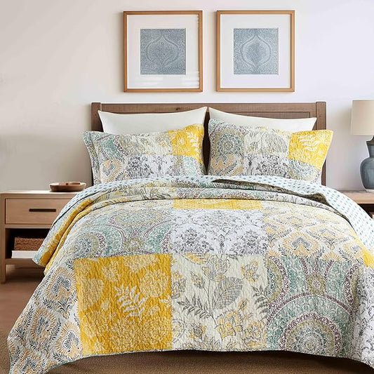 DURLENGEN Botanical Yellow 100% Cotton King Quilt 3Pcs,Bohemian Patchwork Leaves Pattern on White, Luxury Lightweight Coverlet Sets for All Season(King 106x96,Botanical Yellow)