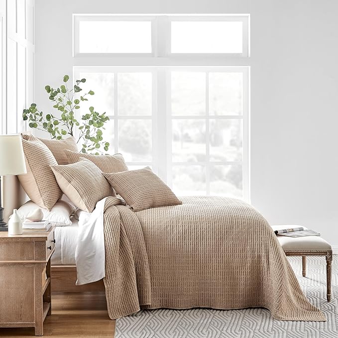 Levtex Home Mills Waffle King Bedspread Set (122x106in) with 2 Pillow Shams (36x20in) - Blush - Cotton Waffle King Size Bedspread Set - Soft, Pre-Washed